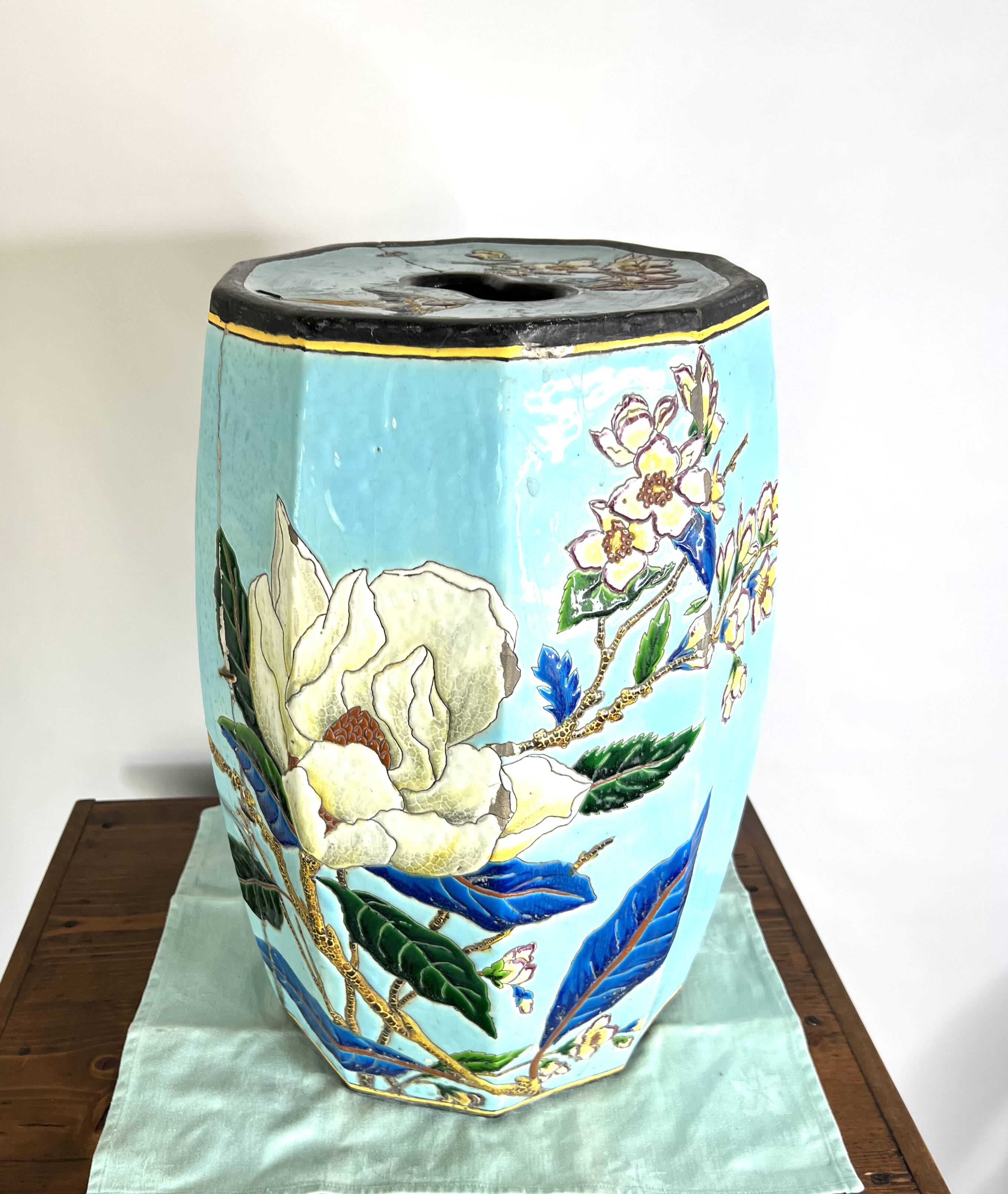 Large Japanese-style garden stool in turquoise glazed ceramic.