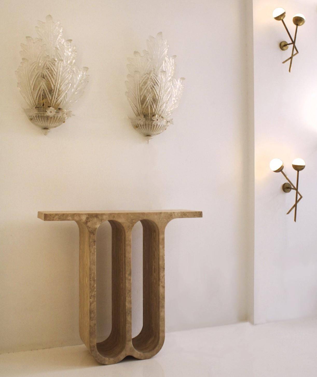 Modern Pair of Italian Ivory Travertine Consoles with Semi-Circular Arches