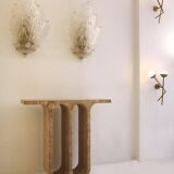 Modern Pair of Italian Ivory Travertine Consoles with Semi-Circular Arches