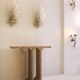Modern Pair of Italian Ivory Travertine Consoles with Semi-Circular Arches