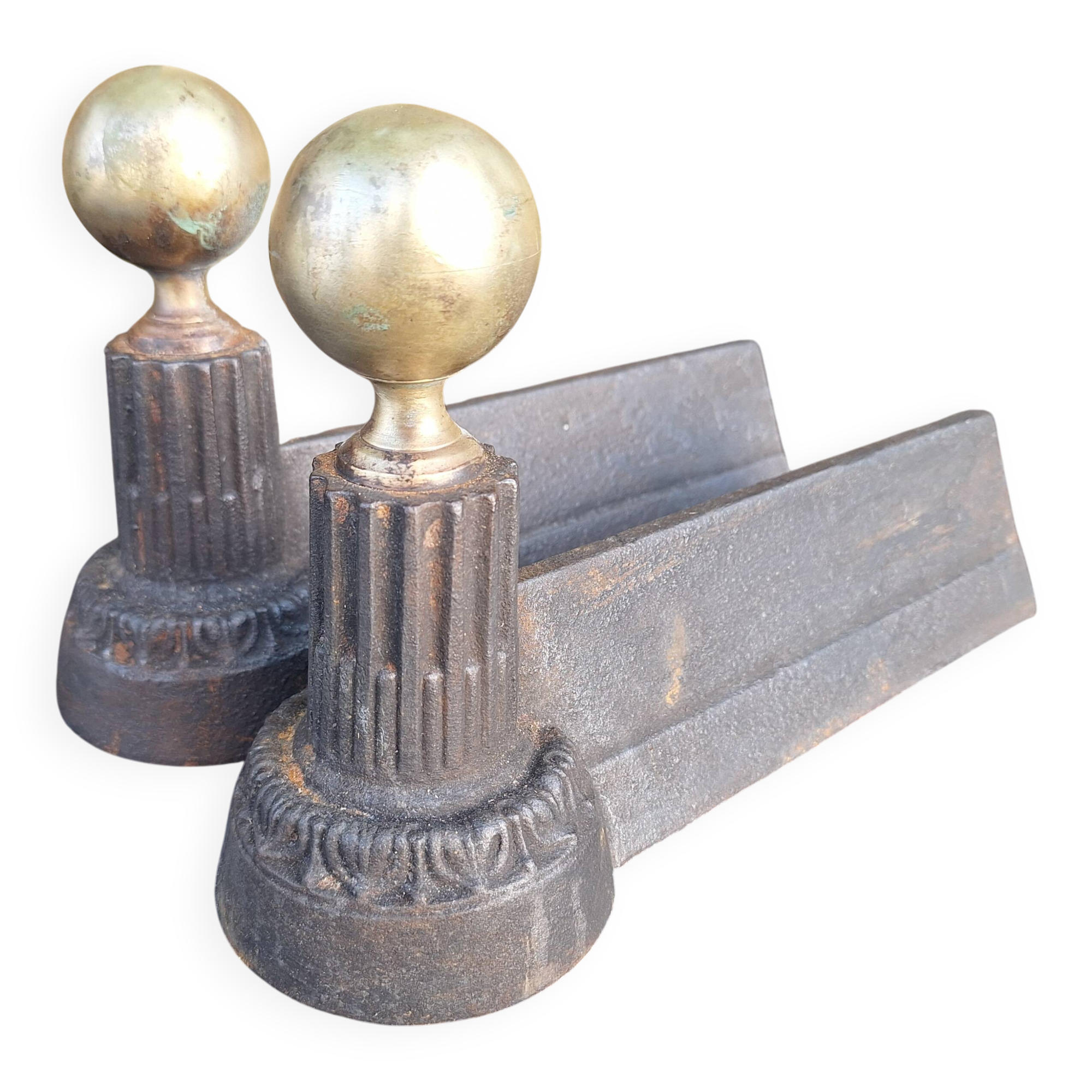 Small Napoleon III cast iron and brass andirons