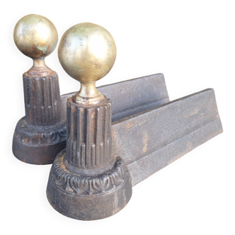 Small Napoleon III cast iron and brass andirons