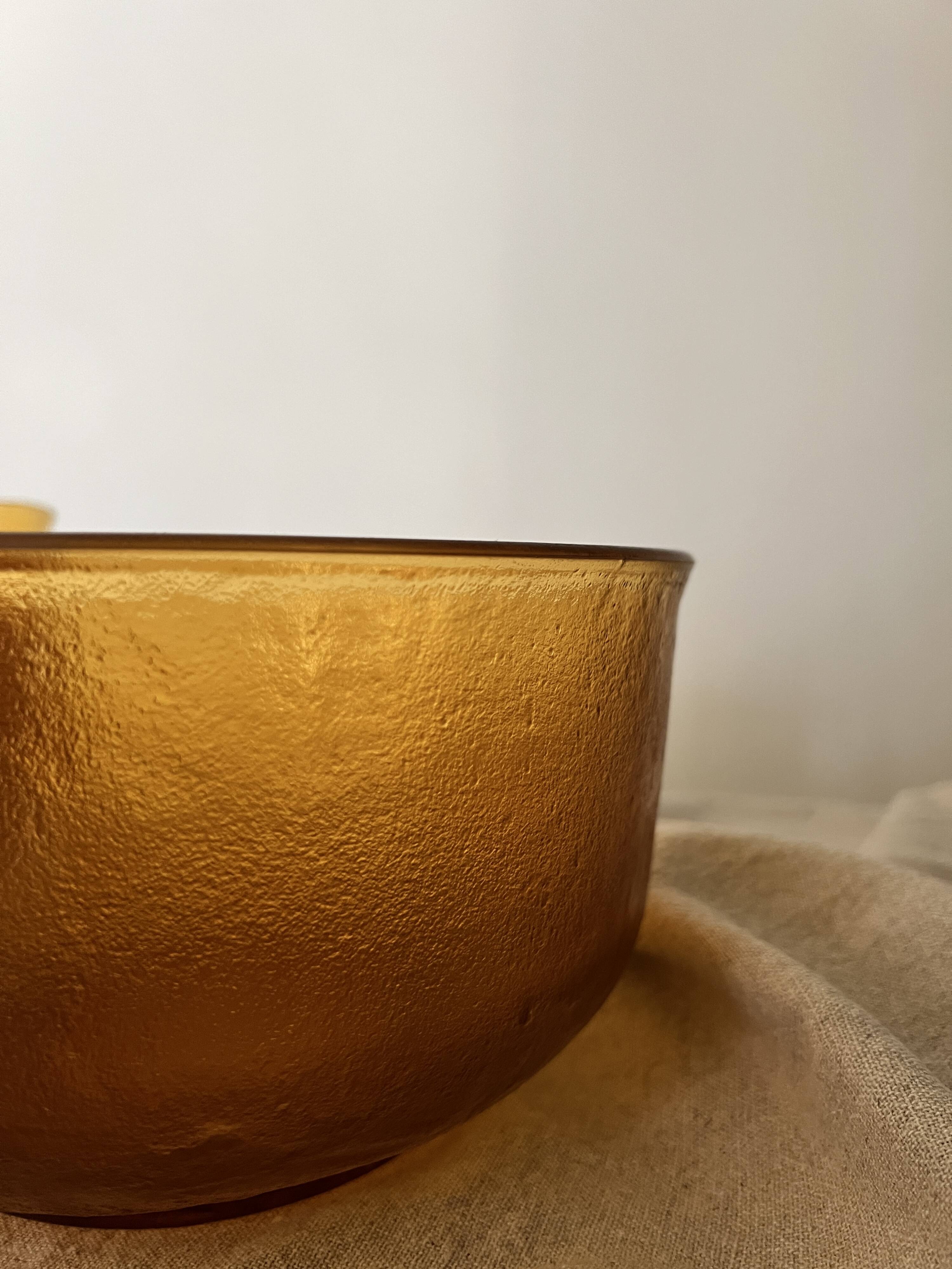 large vintage salad bowl in smoked and amber glass, France 1970