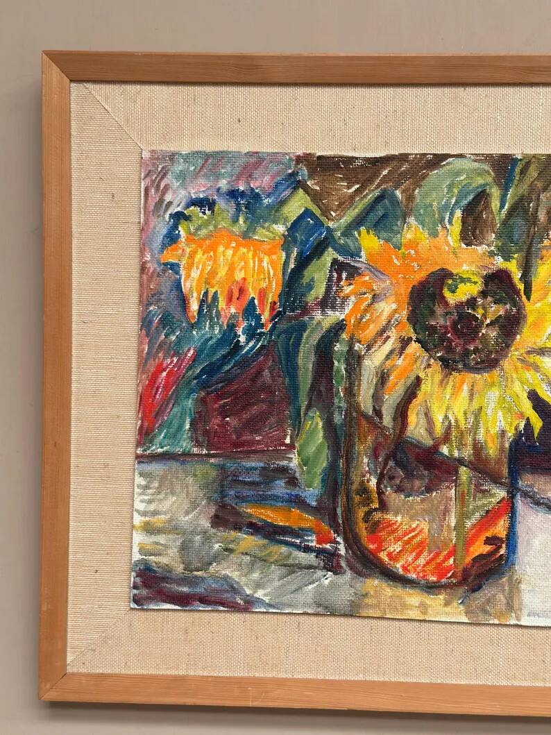 Original Swedish Oil on Panel – “Sunflowers” – Monogram Signed – Vintage & Framed
