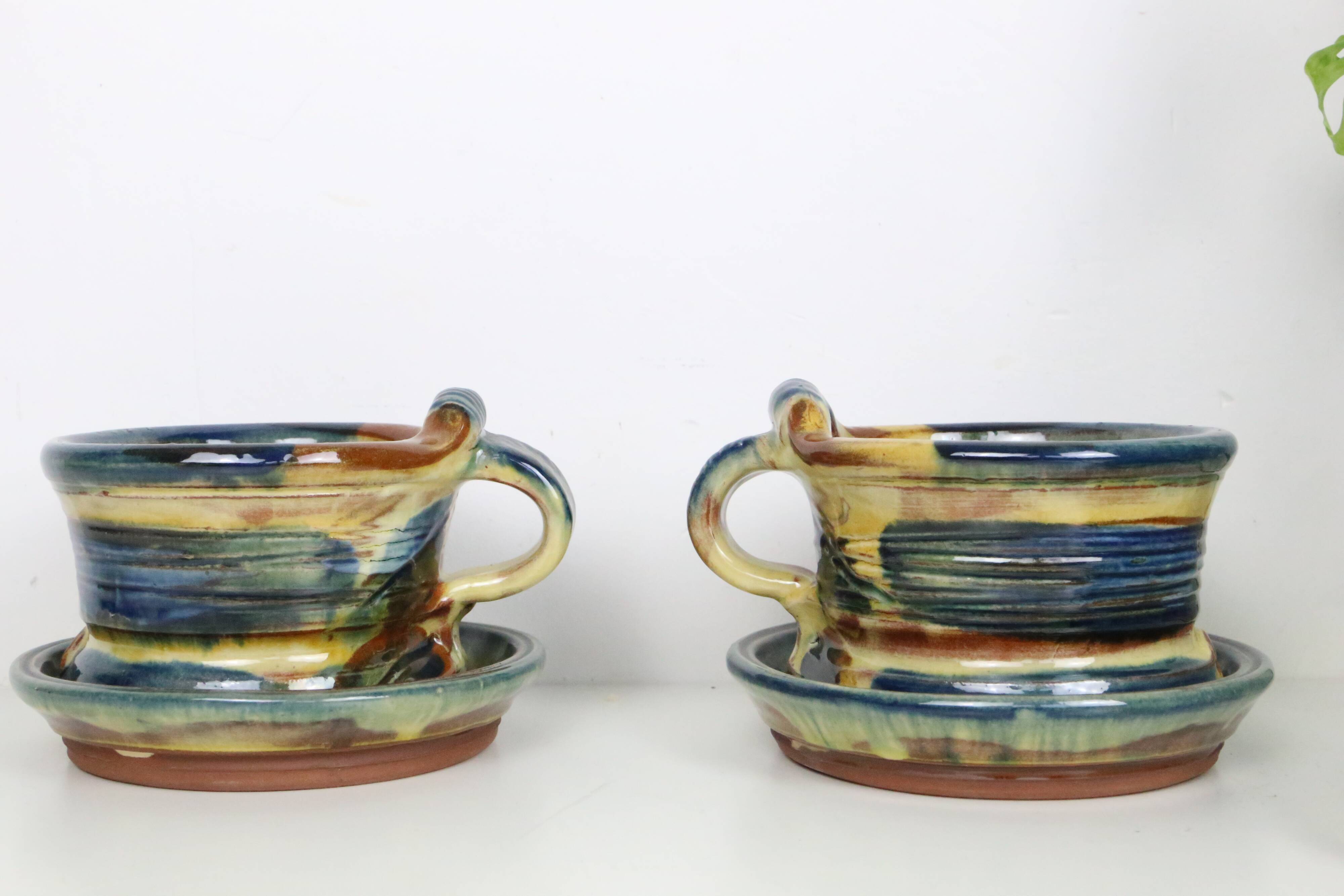 Set of 2 stoneware mugs with saucers, artisanal pottery, 1980