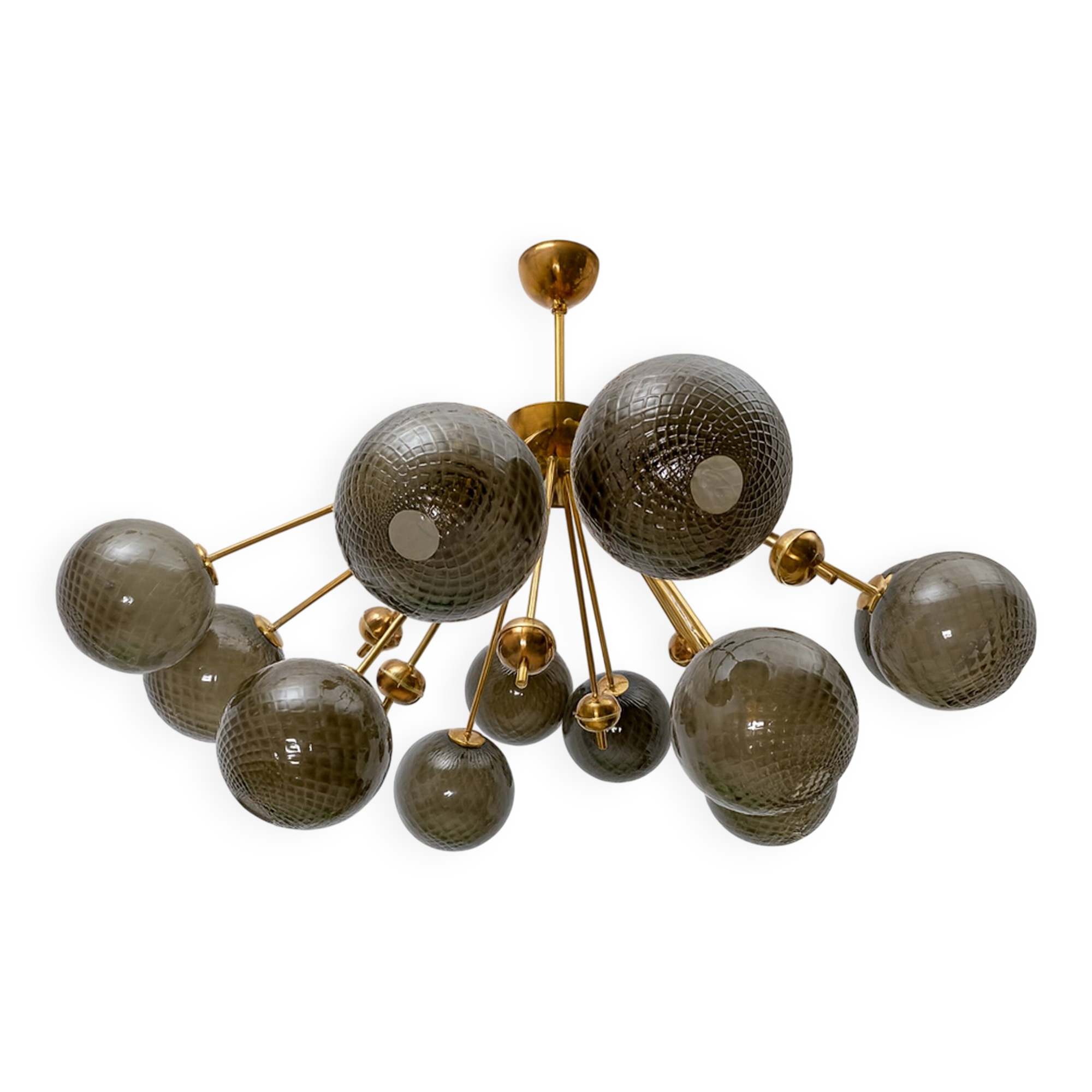 “Galaxy” Chandelier in Brass and Fumé Murano Glass