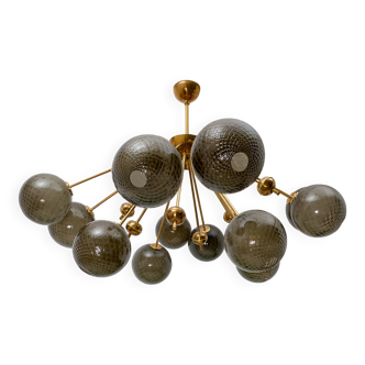 “Galaxy” Chandelier in Brass and Fumé Murano Glass