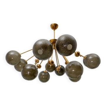 “Galaxy” Chandelier in Brass and Fumé Murano Glass