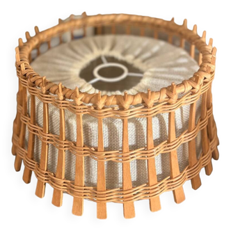 Vintage Scandinavian pendant light from the 1960s/70s in teak wood and natural beige jute canvas.