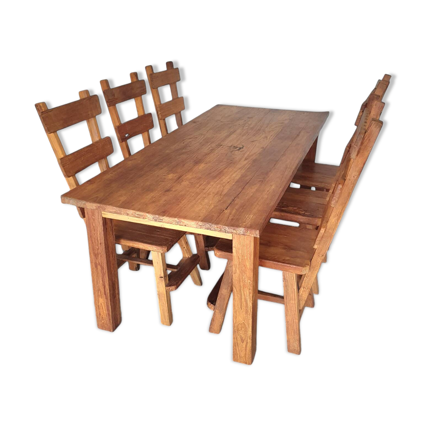 Elm wood brutalist wabi sabi dining set with 6 chairs & Table, 1960s