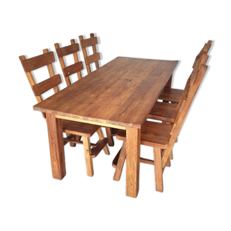 Elm wood brutalist wabi sabi dining set with 6 chairs & Table, 1960s