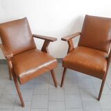 PAIR OF VINTAGE 1950 BRIDGE ARMCHAIRS WITH COMPASS LEGS IN OAK & SIMILAR LEATHER HAV