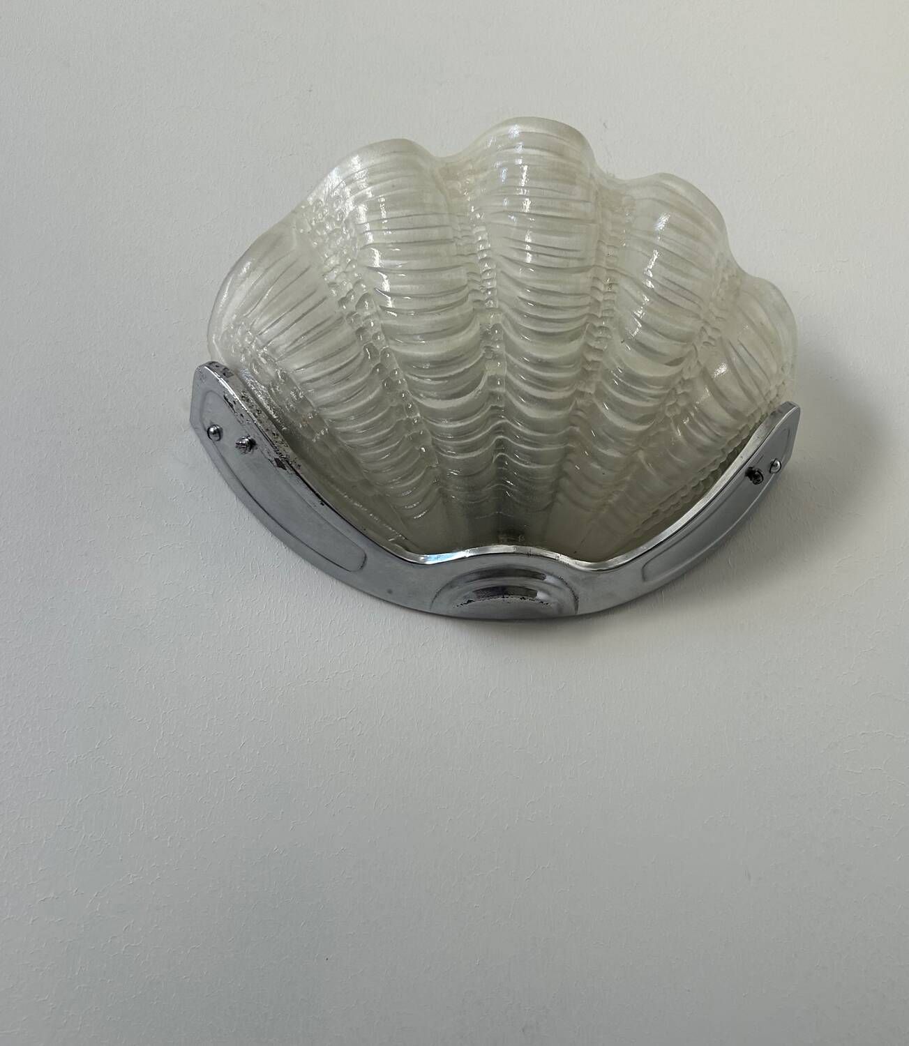 Vintage chrome and sandblasted glass shell wall lamp, France 1960