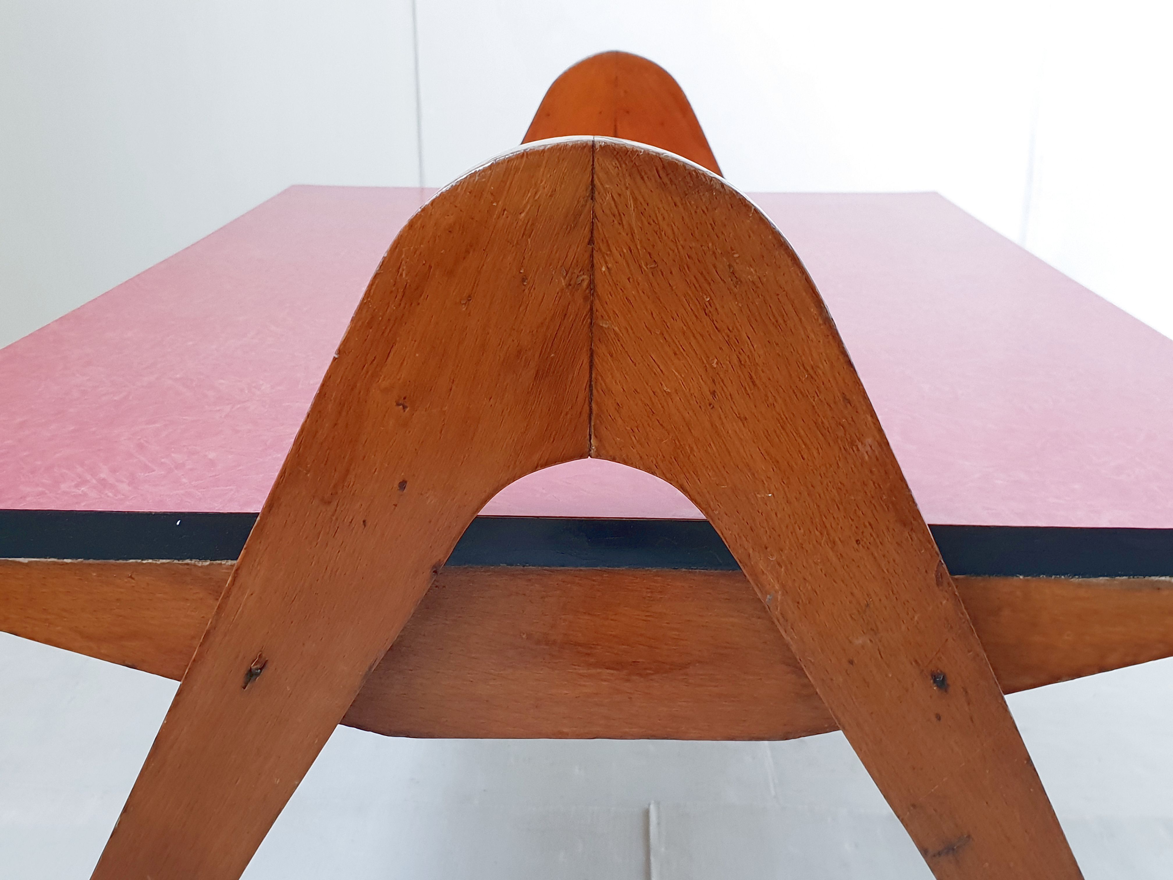Coffee table in formica with compass feet, vintage from the 1950s