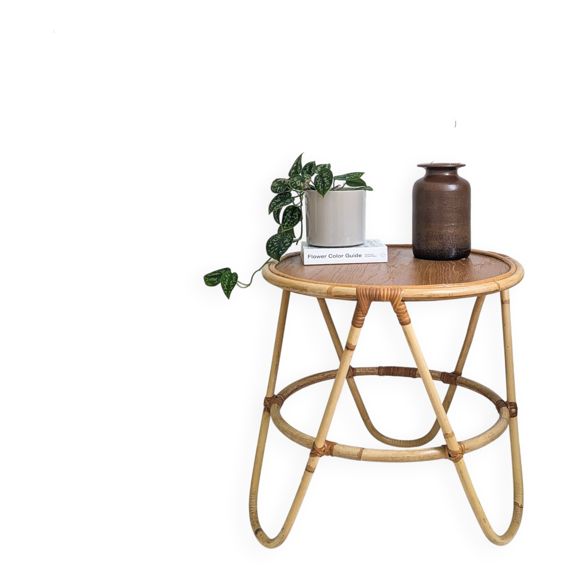 Table basse vintage ronde en bambou et rotin clair Mid-Century style scandi