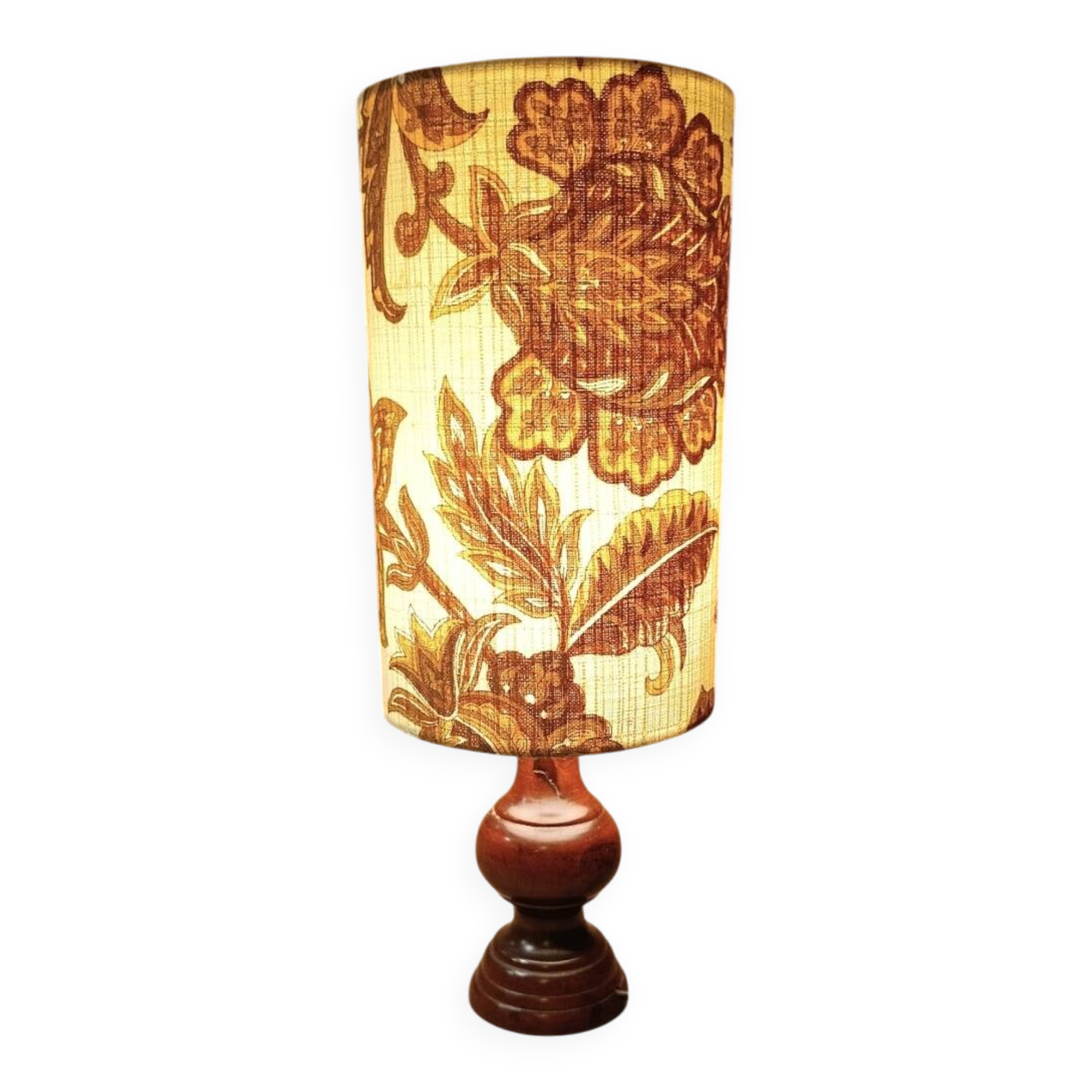 Turned wood lamp with authentic vintage lampshade and mustard flower decoration