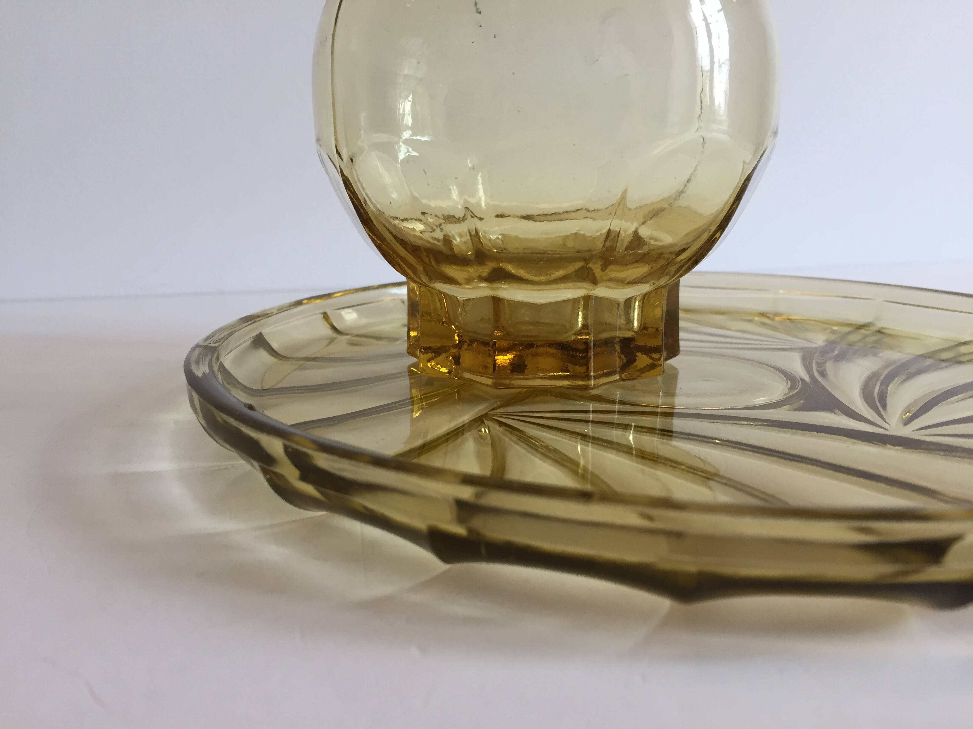 ART DECO Tray and Carafe Amber Yellow Glass