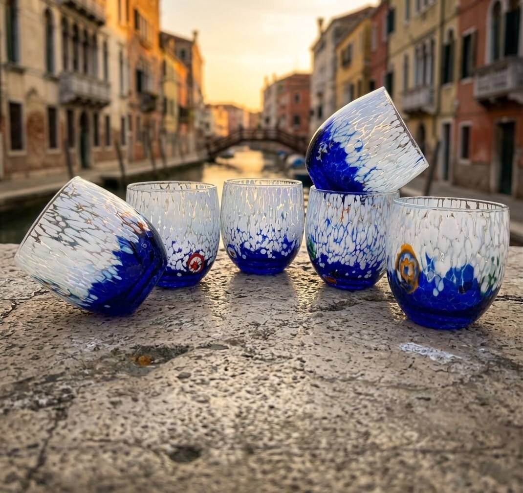 Set of 6 blown glass glasses from Venice with Effetre Murano murrine.
