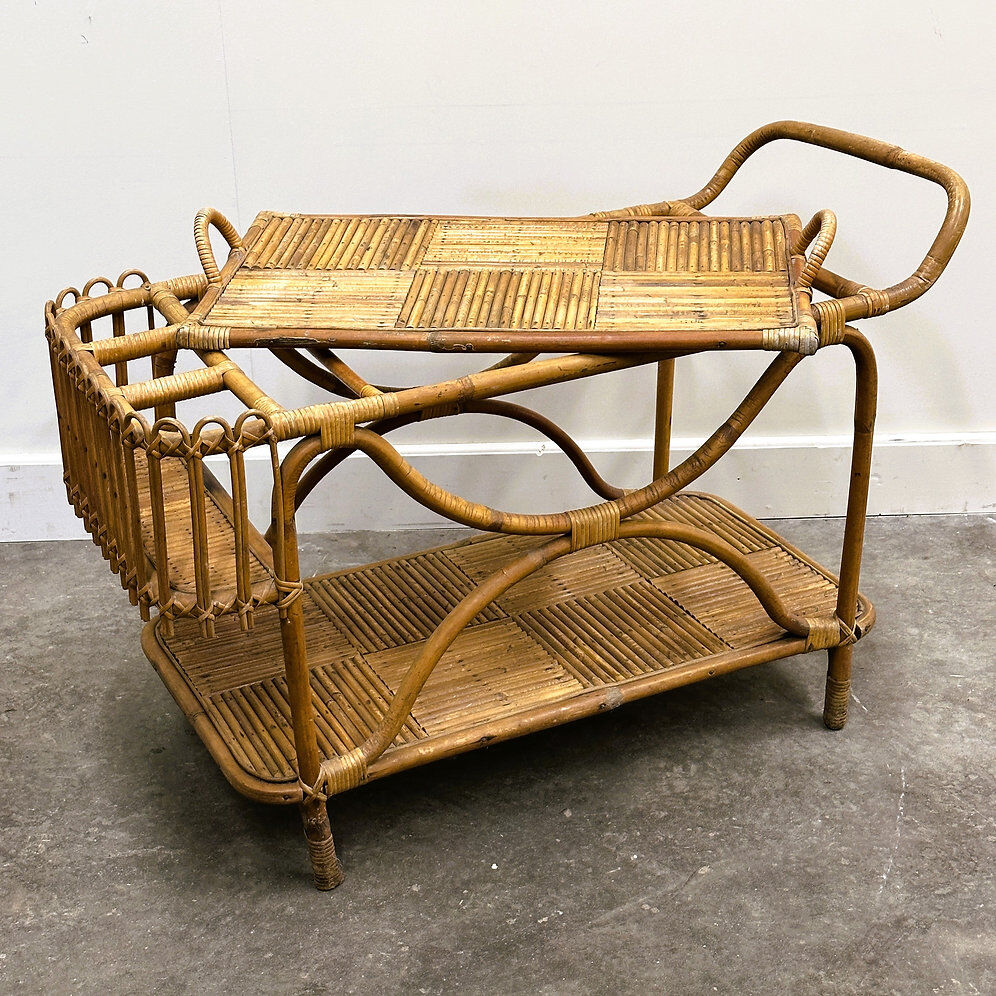 Rare large French Riviera rattan bar cart with bottle holder, 1960s