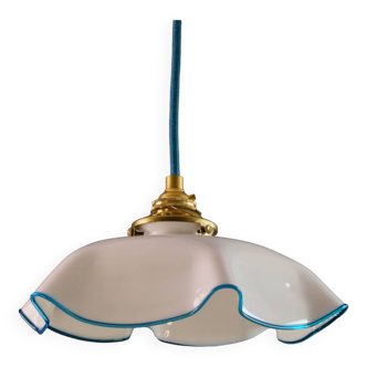 old pendant light in white opaline with blue edging - delivered with socket and new cable