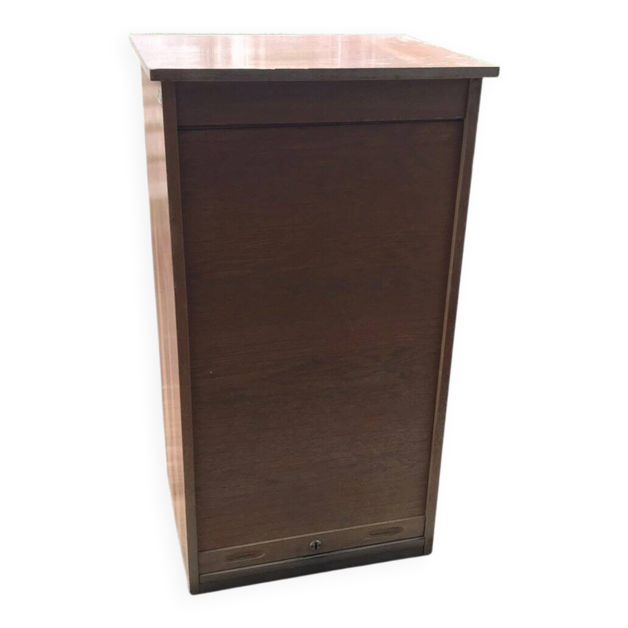 Brown lacquered wooden industrial cabinet with sliding curtain, 1950s, Czech Republic.