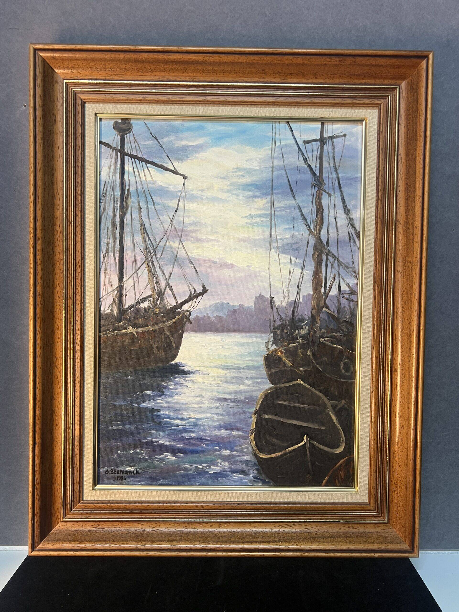 Painting by G. Bournonville, signed and dated 1986, oil on cardboard, boats at the quay