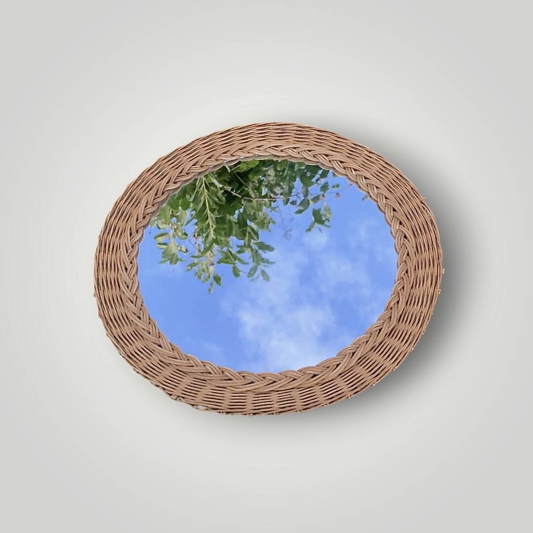 Antique round woven wicker mirror – 40 cm – 1970s
