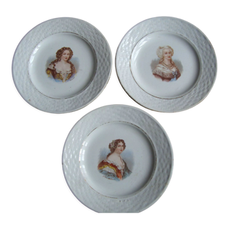 Set of 3 antique dessert plates decorated with historical characters St Amand and Amage