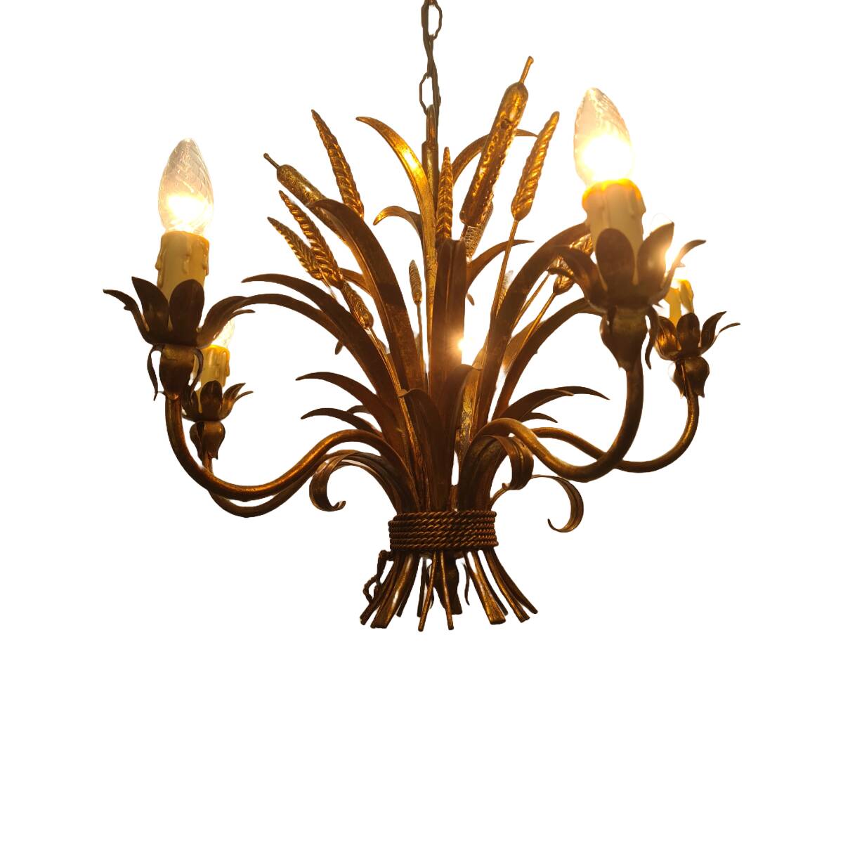 Lustre vintage doré en forme de maïs et de quenouilles, 5 lumières, années 1960