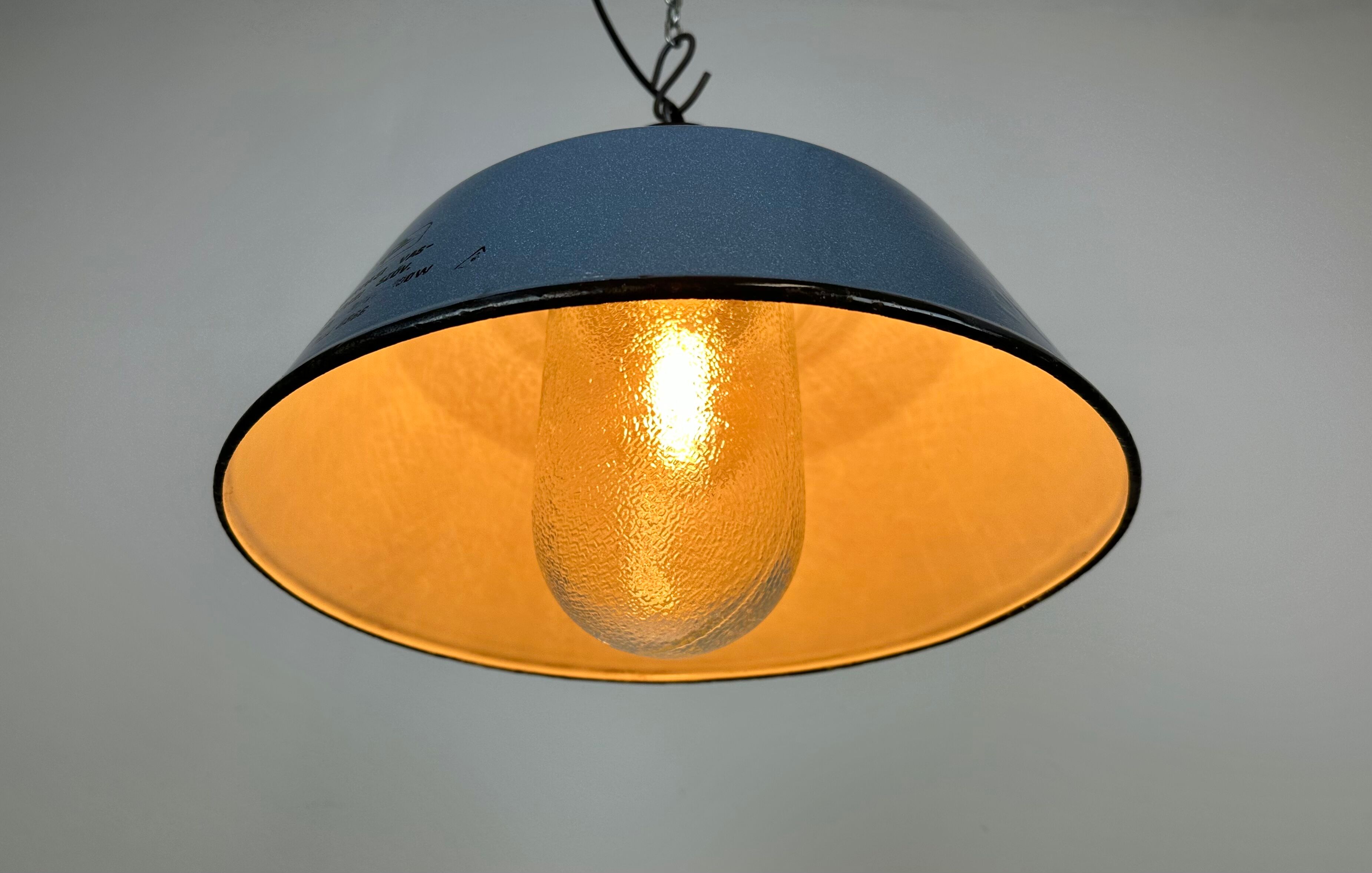 Industrial Grey Enamel and Cast Iron Pendant Light with Glass Cover, 1960s