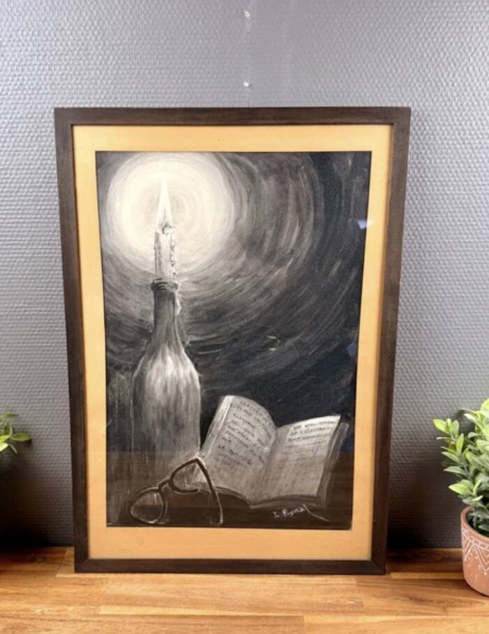 Old drawing still life signed L. Pignal – candle, book, glasses