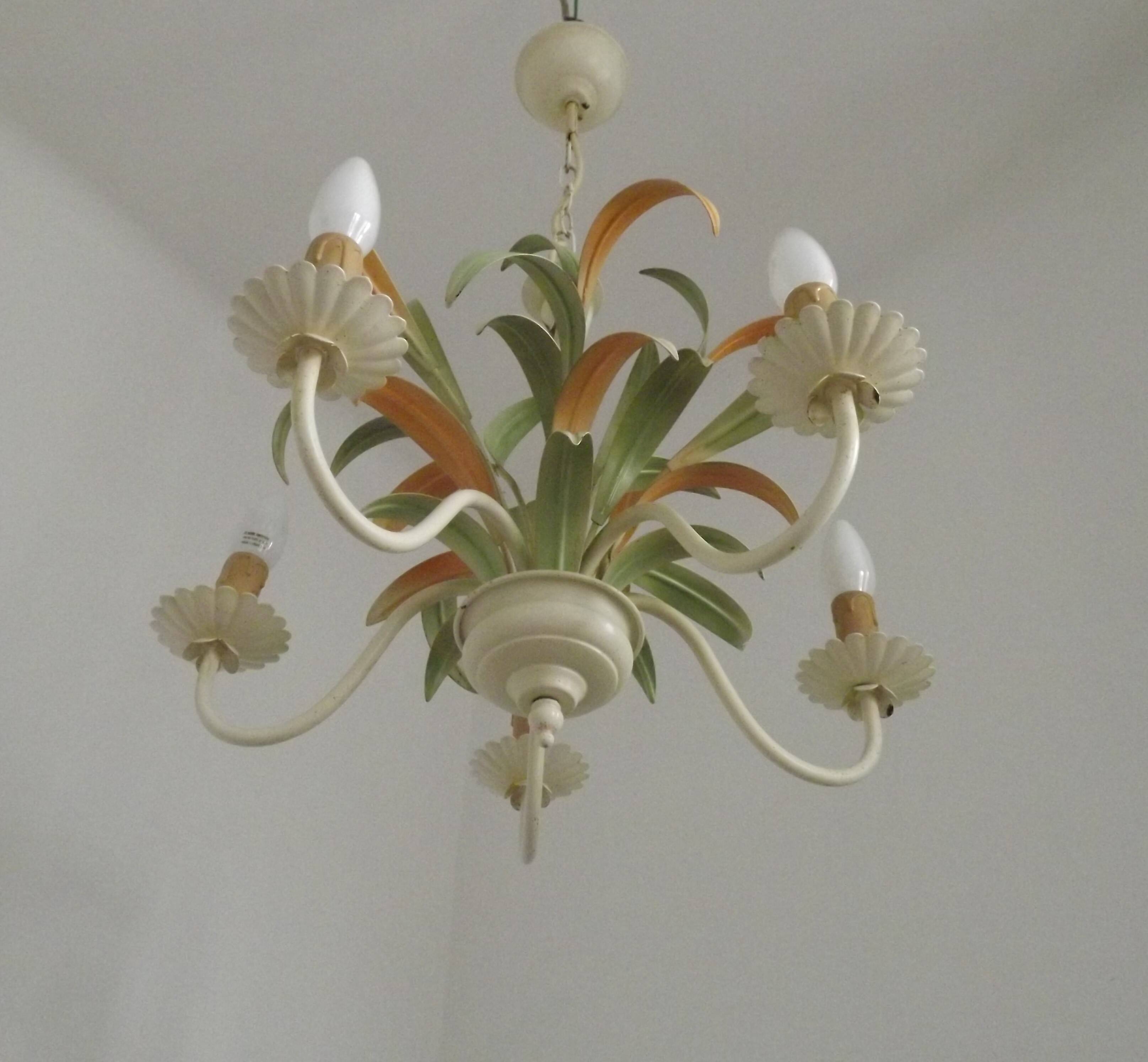 French Vintage Cream 5 Light Metal Chandelier Green and Peach Leaves