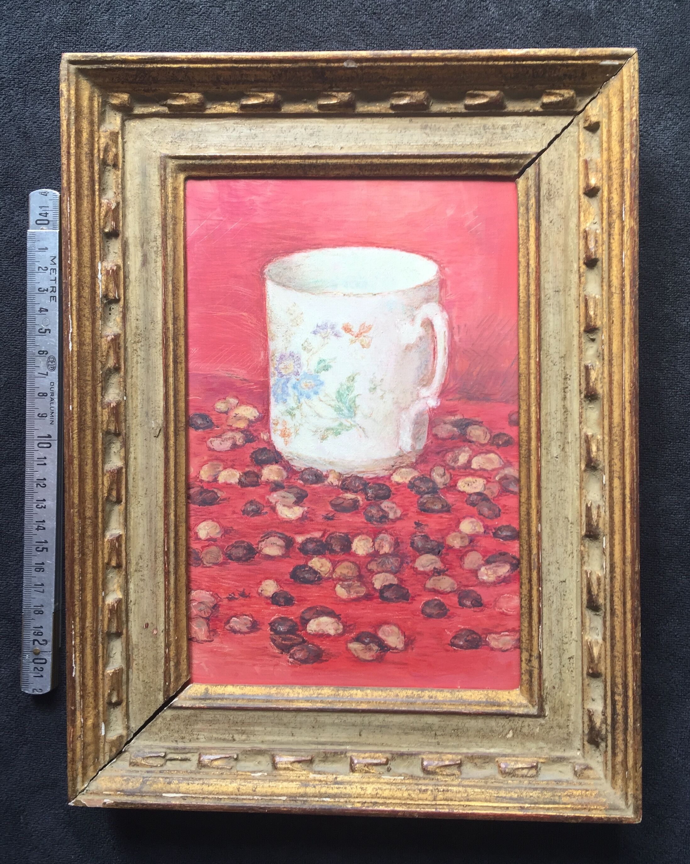 Original oil on still life canvas "La Tasse Fond Rose"