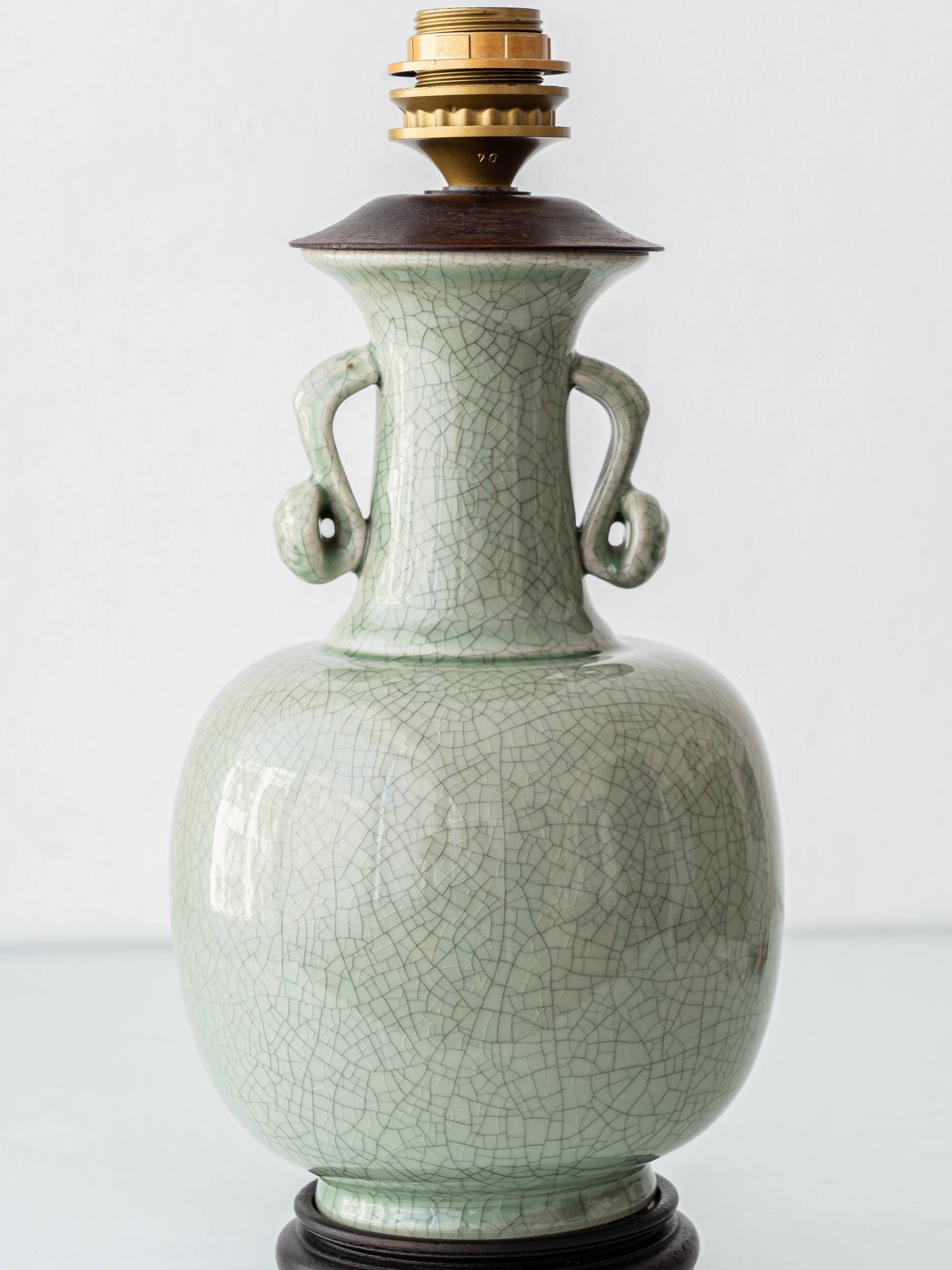 Celadon Crackle Glaze Porcelain Table Lamp in Chinese Style with Scroll Handles