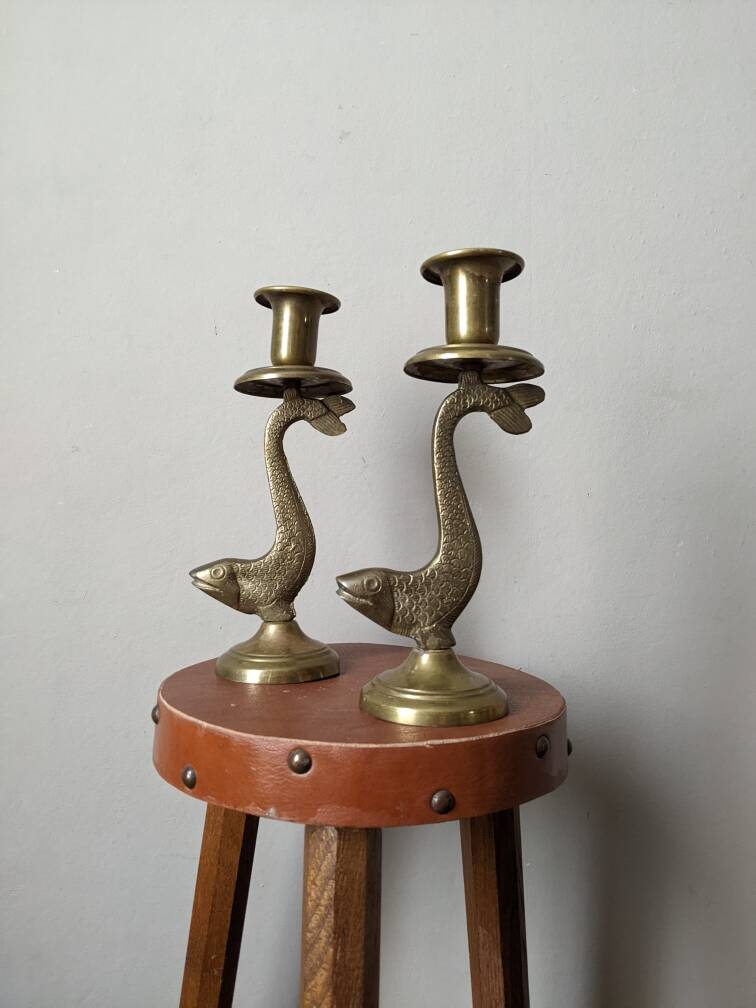 Pair of brass fish candlesticks, country decor