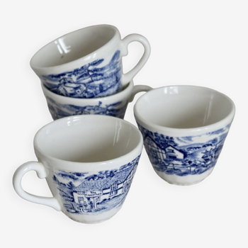 4 vintage tea cups English blue white porcelain pattern blue village scene