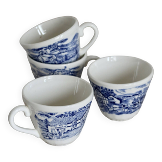 4 vintage tea cups English blue white porcelain pattern blue village scene