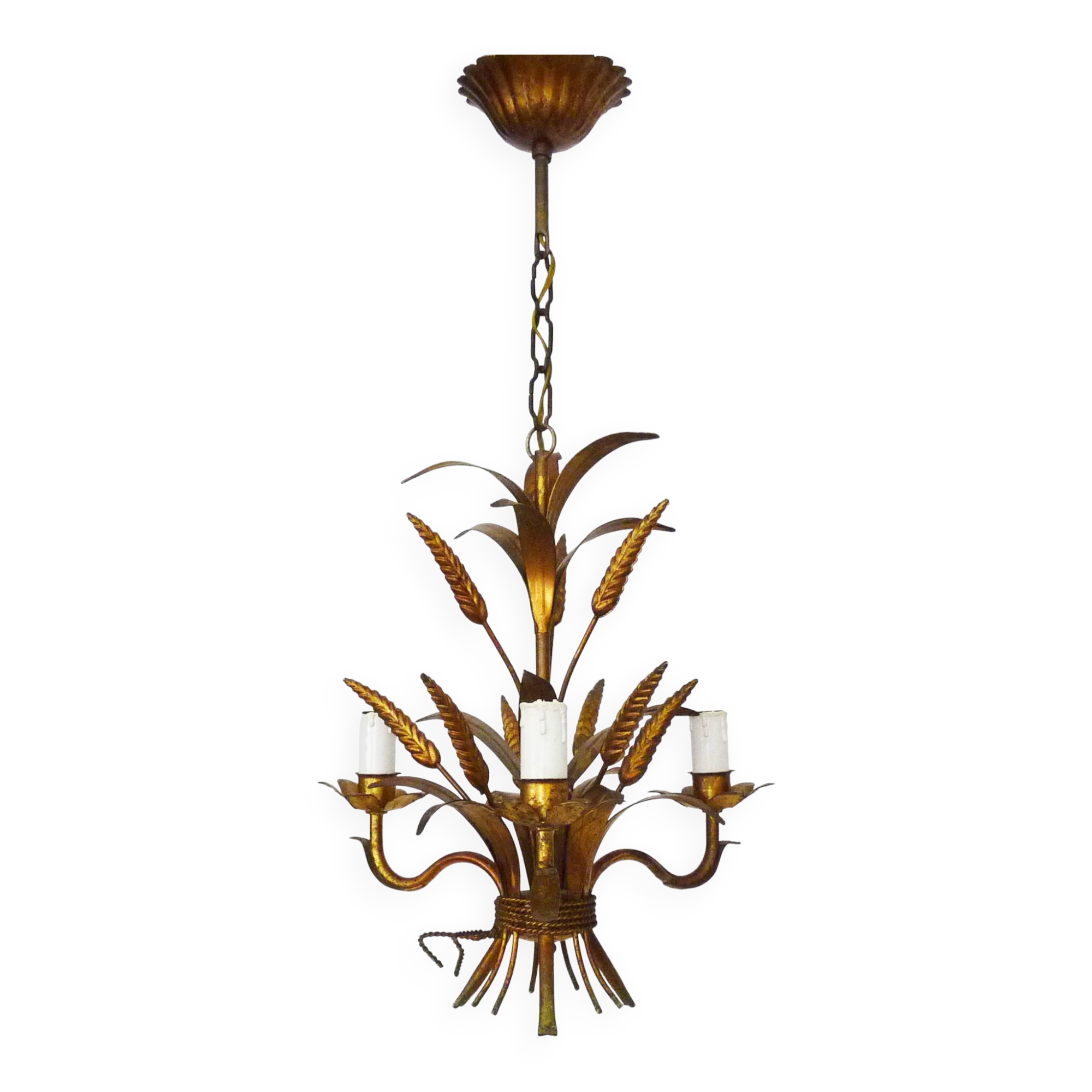 Vintage chandelier in aged gold metal, wheat ear chandelier, antique light fixture