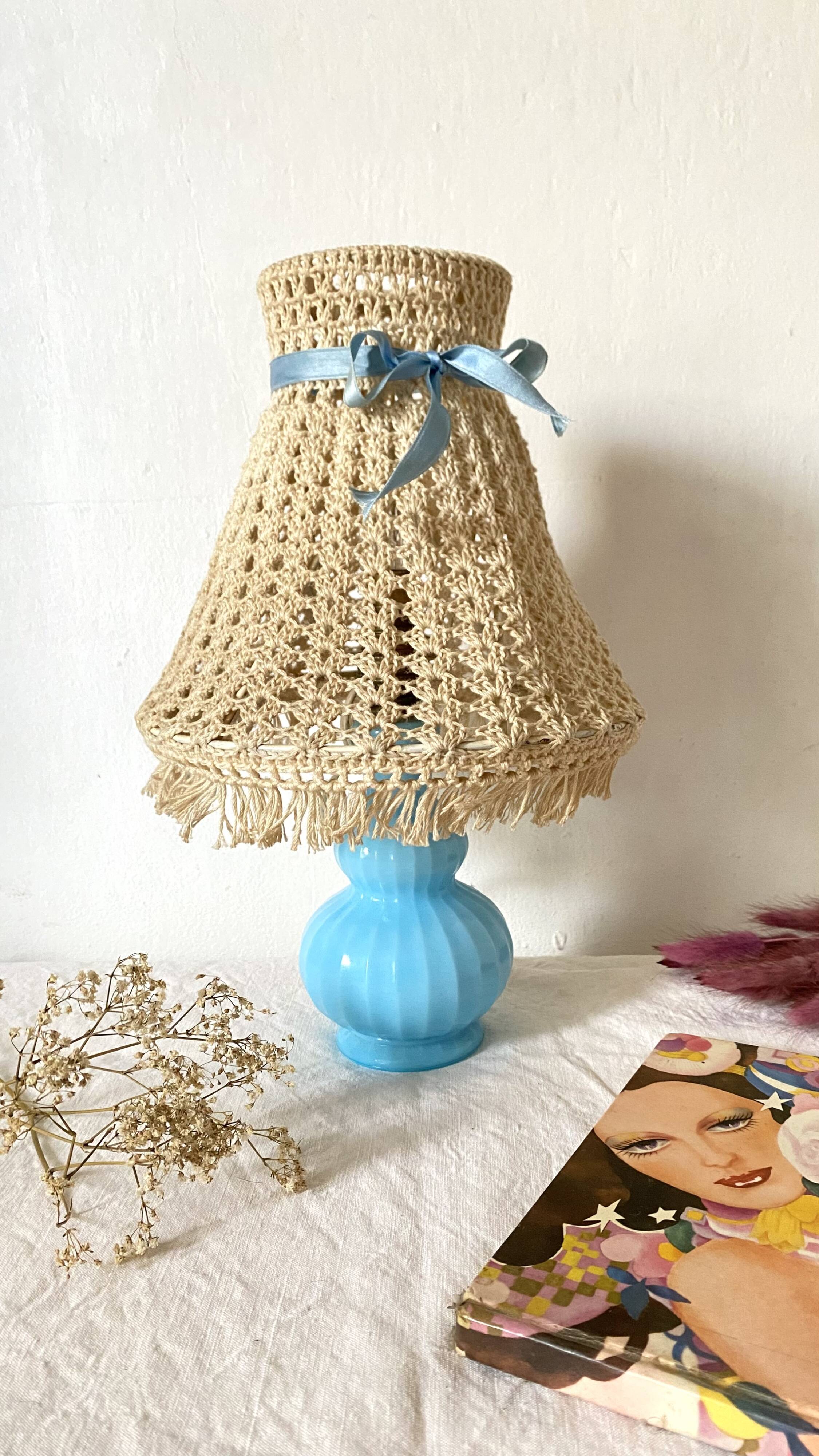 Chatard blue opaline bedside lamp, hook lampshade