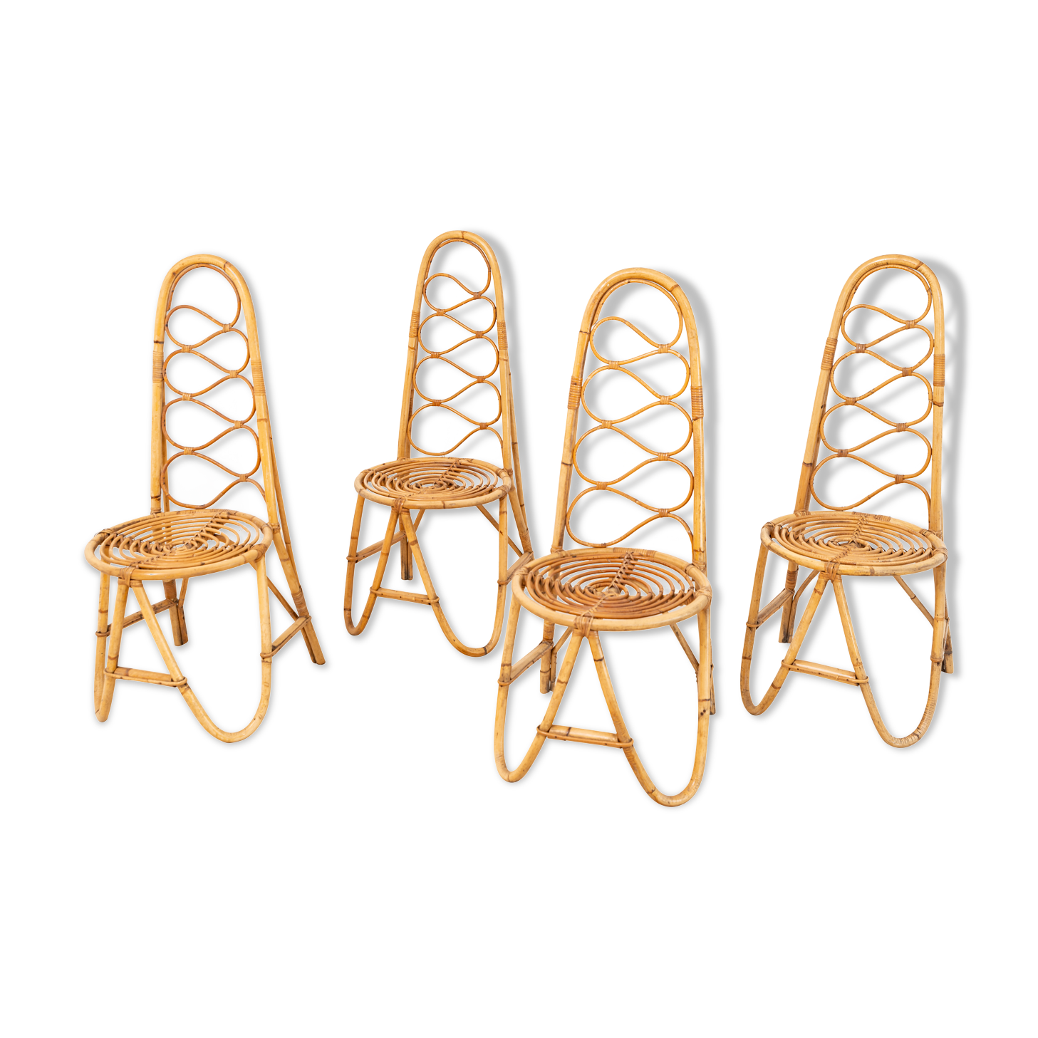 Ensemble de 4 chaises en rotin des années 50