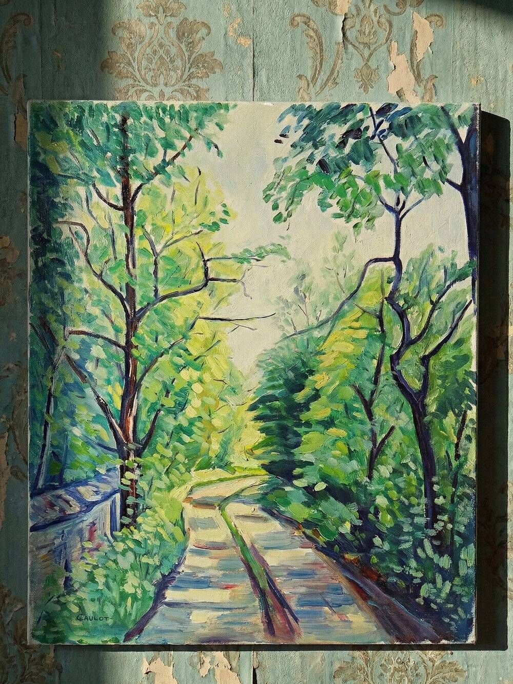 Modern colourful landscape tableau oil on canvas vintage village signed Gaulot