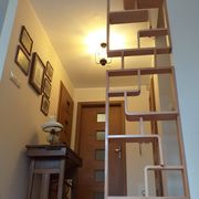 Two screens, partition walls, curved beech wood shelves.