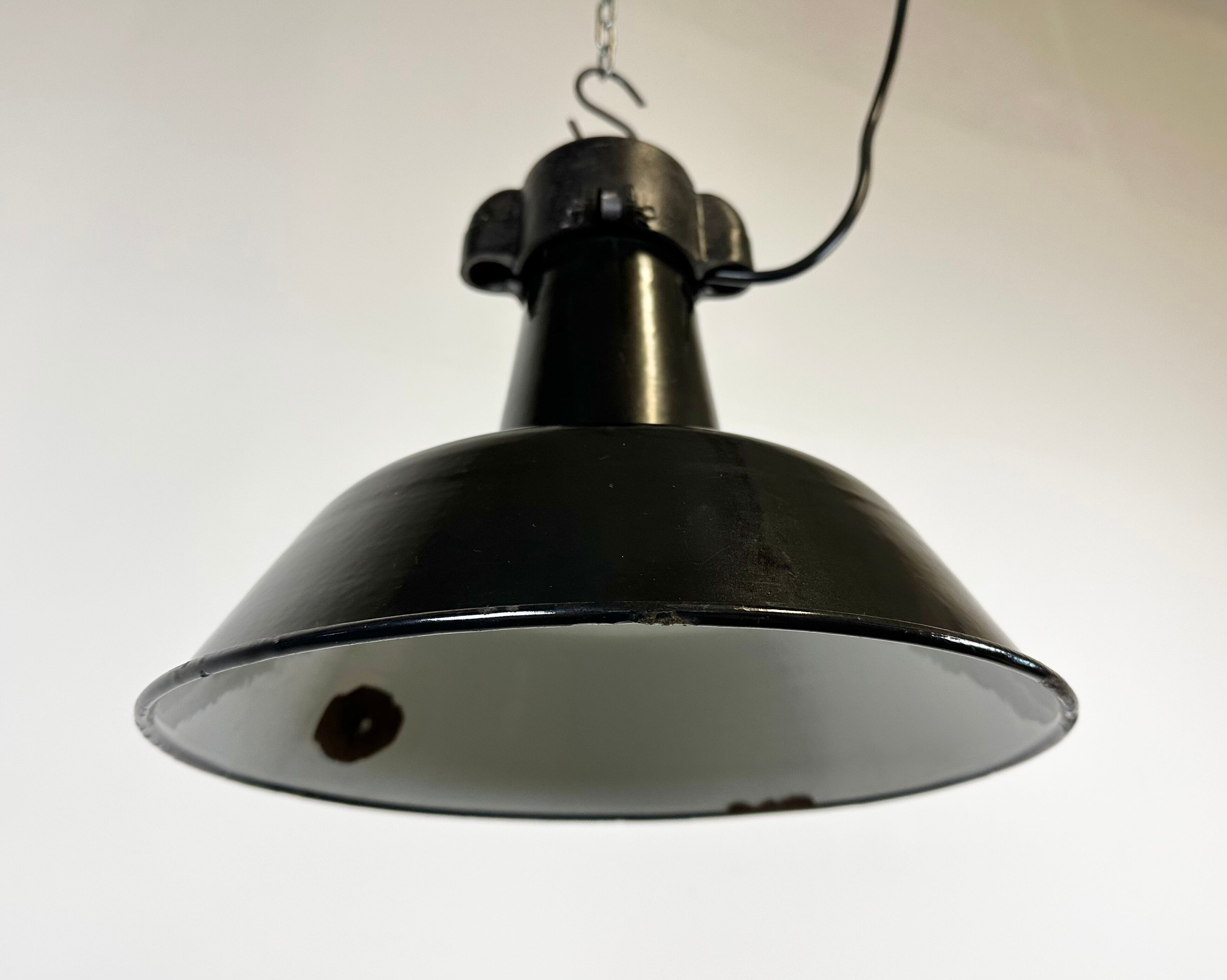 Industrial Black Enamel Factory Lamp with Cast Iron Top, 1960s