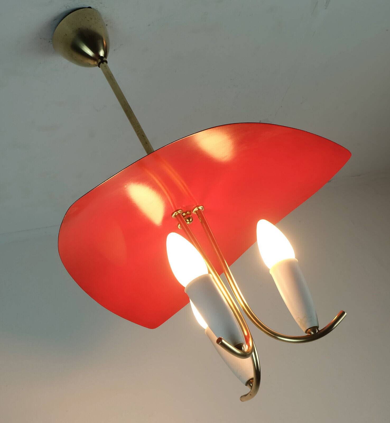 1950s mid century 3-light pendant brass metal plastic stilnovo era