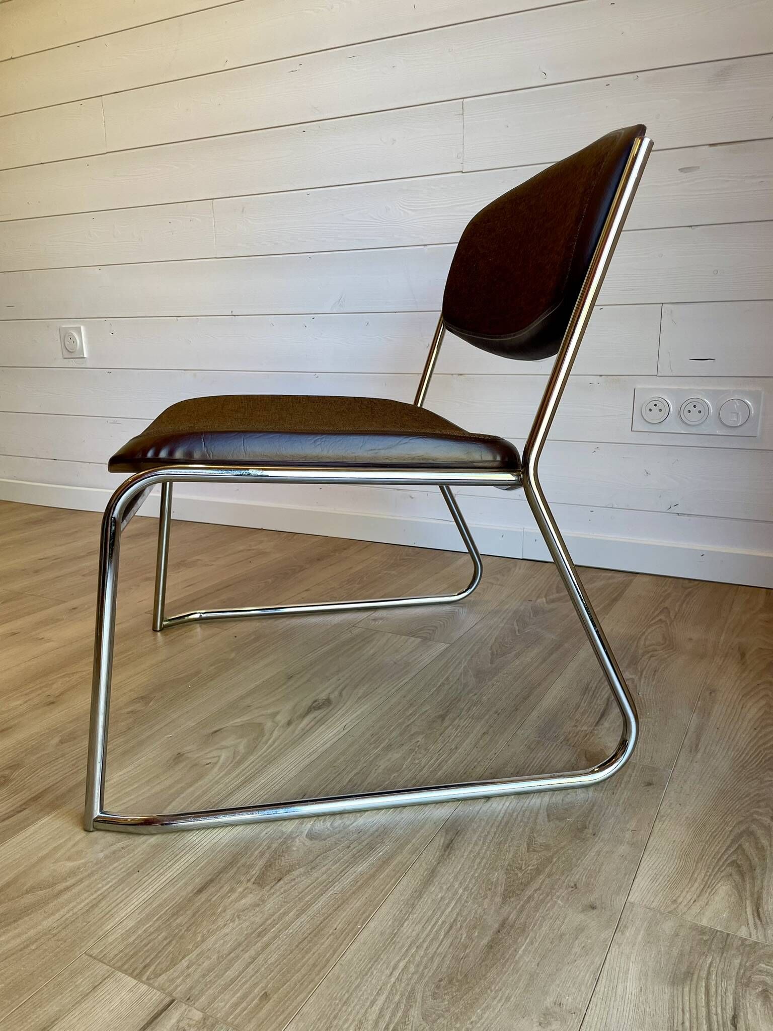 6 chrome sled armchairs Soudexvinyl brown vintage Skaï 70s
