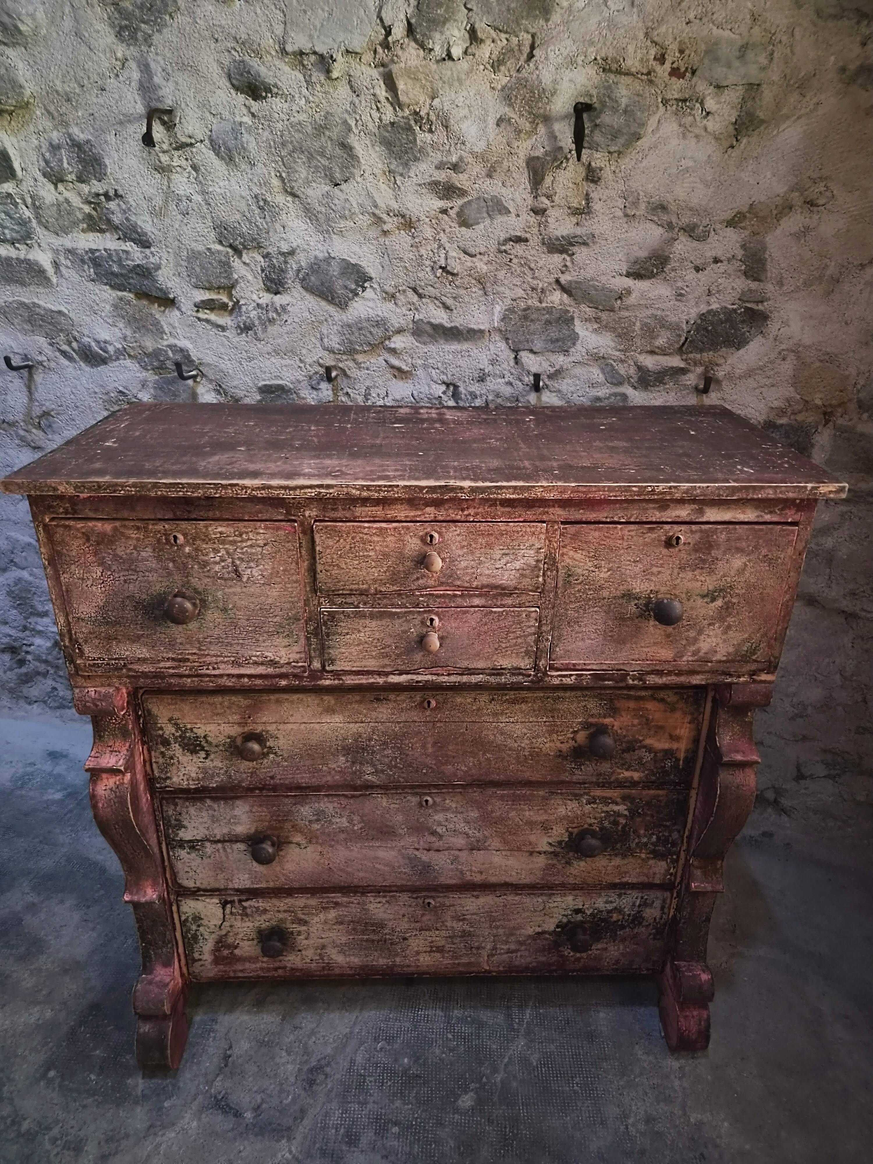 Commode de magasin peinte ancienne française, peuplier et pin, vers 1850–1900