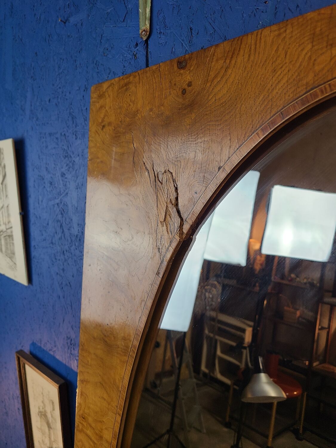 Miroir vintage géant bois clair miroir ovale 1920