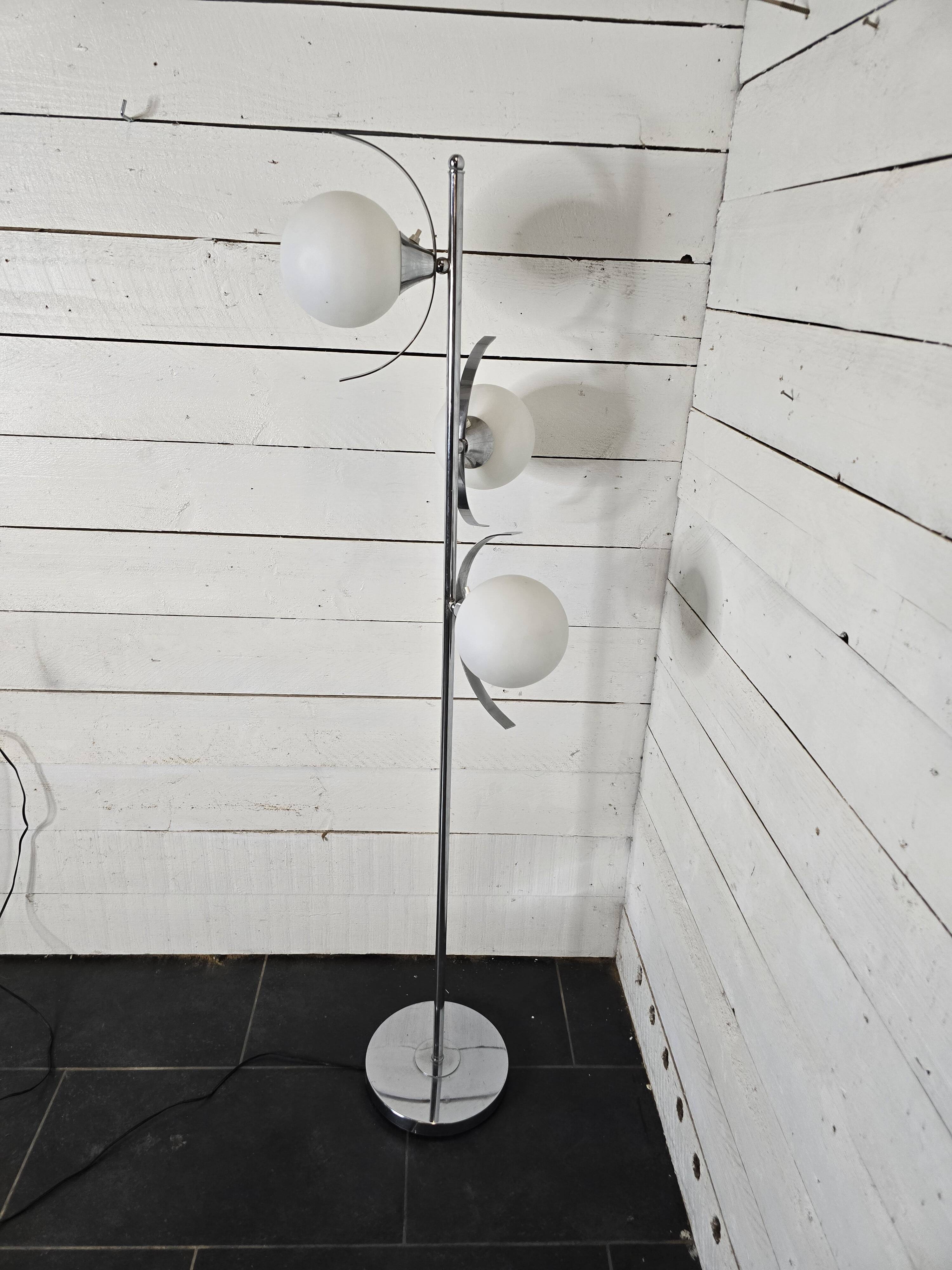 70s chrome metal floor lamp with 3 opaline ball lights