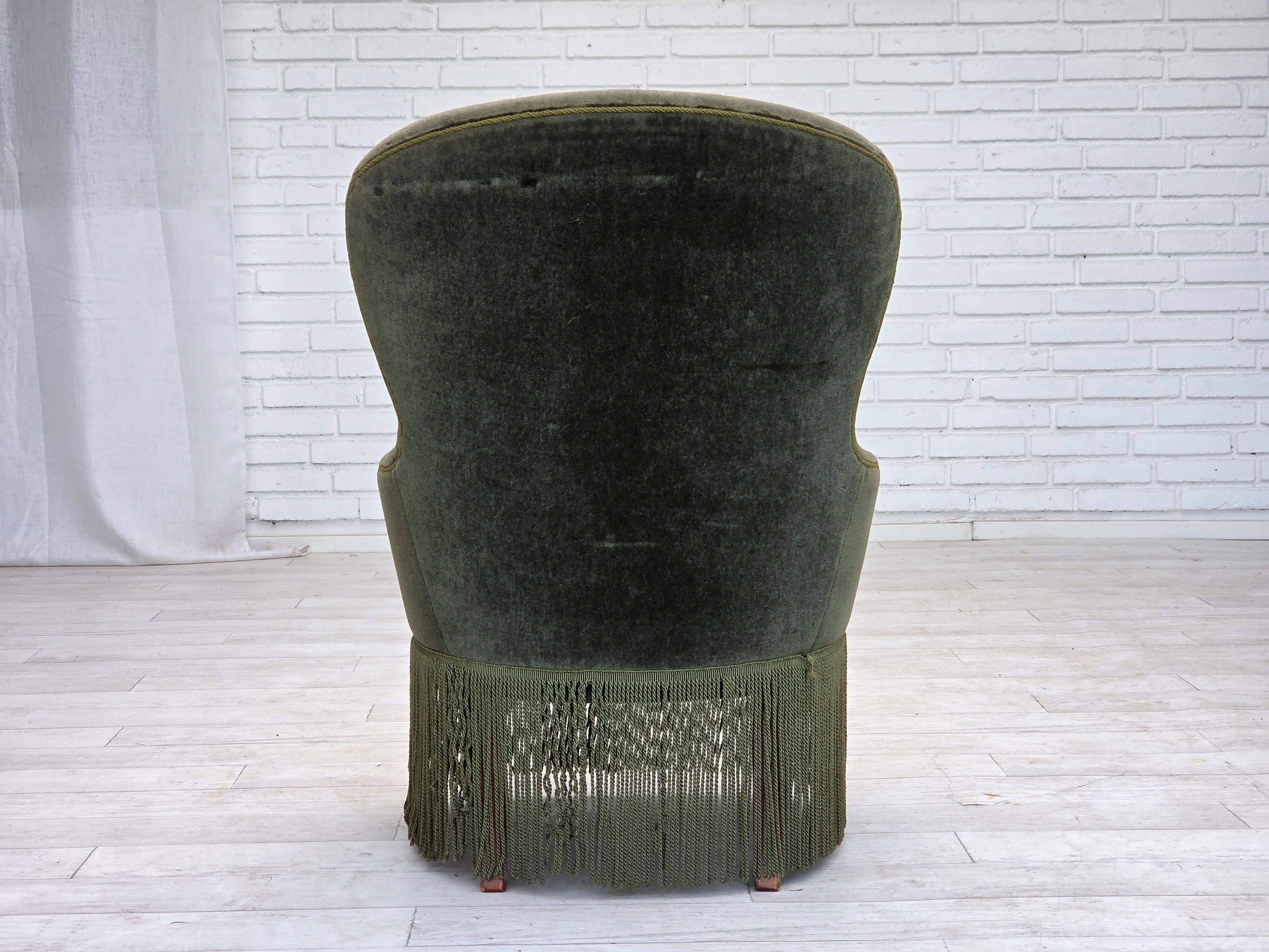 1970s, Danish side chair, green furniture velour, beech wood legs.