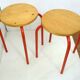Pair of stools, red lacquered legs & wooden seat 1980s